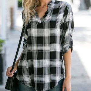 Amaryllis Black Plaid Roll-Tab Sleeve Notch Neck Top